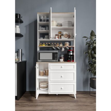 Stella Country Kahve Köşesi Beyaz-Meşe 90CM, Erzak Dolabı, Kiler Dolabı, Çok Amaçlı Mutfak Dolabı