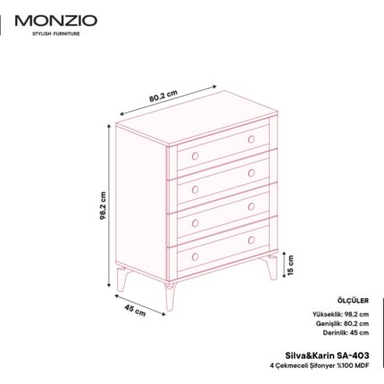 Monzio Silva&karin 4 Çekmeceli Şifonyer Tamamı Mdf (Beyaz) - Görsel 3