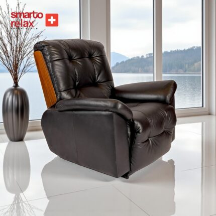 Smarto Relax TV Koltuğu Berjer (Siyah) – Zürih VIP Serisi, Elektrikli Kademeli Sırt Dayama, Ergonomik, Hakiki Deri, USB Şarj, Doğal Ahşap Arka Panel, Kontrol Panelli, Dekoratif Tekli Koltuk