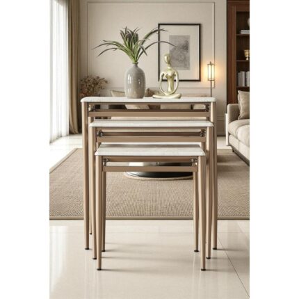 Fursimo Damrin Serisi Traverten Desen 1. Sınıf Mebran Mdf 3’lü Zigon Sehpa Takımı - Bronz Ayak - Görsel 3