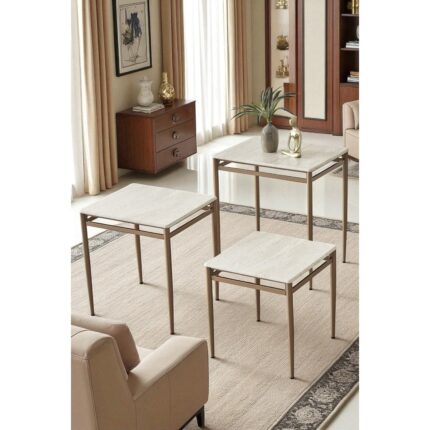 Fursimo Damrin Serisi Traverten Desen 1. Sınıf Mebran Mdf 3’lü Zigon Sehpa Takımı - Bronz Ayak - Görsel 5