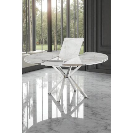 Fursimo Arhor Serisi 100 x 100 Açılabilir Lak Panel Beyaz Mermer Desen Masa - Krom Ayak