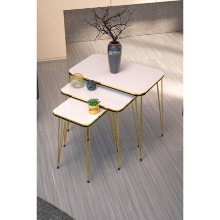 Gold Falez Metal Ayaklı Zigon Sehpa Seti Siyah Yüzey Gold Kenar 37x60x55 cm Minimalist - Görsel 5