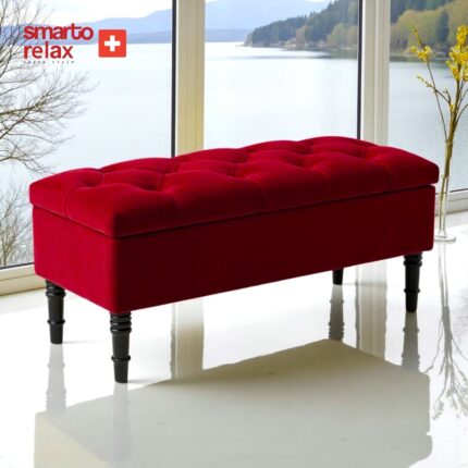 Smarto Relax Swiss Style Puf Saanen Kapitone Puf,baby face Polyester Kaplama,Ahşap Ayaklı Sandikli Dekoratif 110x40x45 cm puf(Kırmızı)