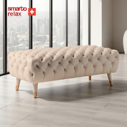 Smarto Relax Swiss Style Puf Adelboden Kapitone Puf,baby face Polyester Kaplama,Ahşap Ayaklı 110x45x40 cm Kapitone Puf,Ayaklı(Bej)