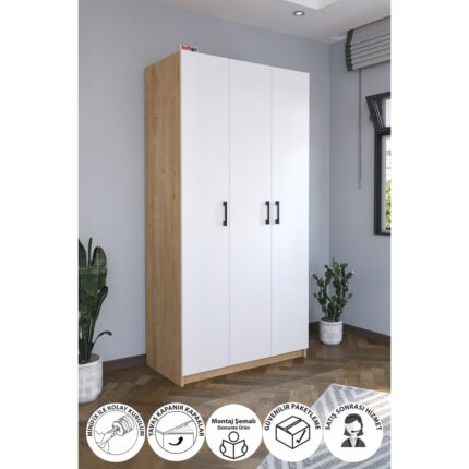 Bofigo 3 Kapaklı 8 Raflı Gardırop Elbise Dolabı 3 Kapaklı Gardırop Smyrna Safir Meşe Beyaz