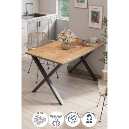 Bofigo Yemek Masası Metal Ayaklı Mutfak Masası Prag 80 x 120 cm x Ayaklı Çam