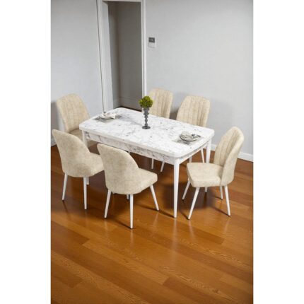 Baresmu Bara Beyaz Mermer 80X132 Açılabilir Sunta Masa Yemek Odası Takımı, Mutfak Takımı 6 Adet Sandalye