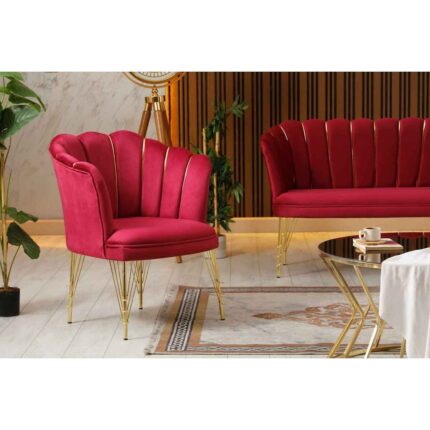 Garden House Zentro Kırmızı Kumaş Metal Gold Ayaklı Ofis Koltuk Takımı Çay Seti Koltuk Takımı - Görsel 3
