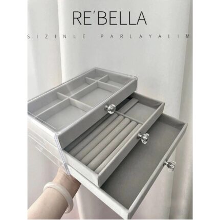 Aspata Store Buğz 3 Çekmeceli Bölmeli Şeffaf Takı Kutusu | Mücevher Saklama Kutusu | Gri Renk Seçeneği 13X23X10 - Görsel 2