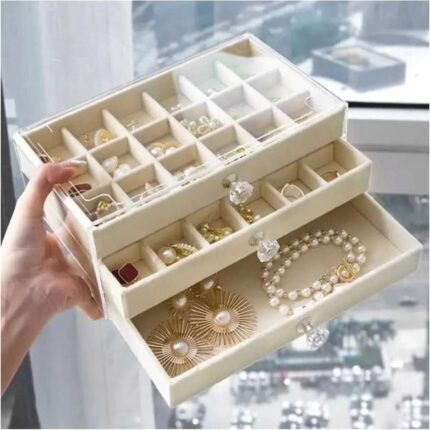 Aspata Store Buğz 3 Çekmeceli Bölmeli Şeffaf Kadife Mücevher Takı Kutusu Küpe Yüzük Kolye Düzenleyici Organizer