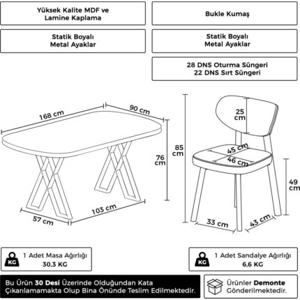 Canisa Axton Serisi Sabit Mdf 90X168 Siyah Mermer Desen Mutfak Masa Takımı 4 Cappucino Sandalye - Görsel 4