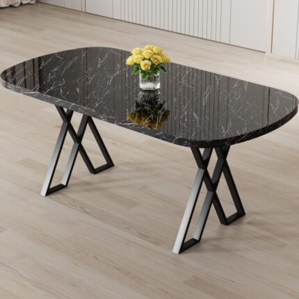 Canisa Axton Serisi Sabit Mdf 90X168 Siyah Mermer Desen Mutfak Masa Takımı 6 Sandalye - Görsel 2