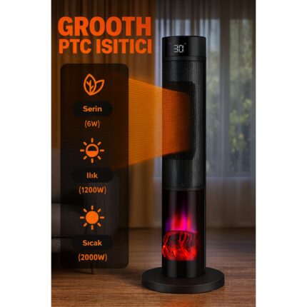 Grooth Alev Efektli Kule Tipi Fanlı Seramik Isıtıcı Uzaktan Kumandalı Şömine Efektli Ptc Isıtıcı - Görsel 3