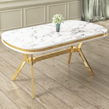 Canisa Olya Serisi 90X168 Lak Panel Beyaz Mermer Desen Masa Takımı Gold Ayaklı 4 Krem Sandalye - Görsel 3