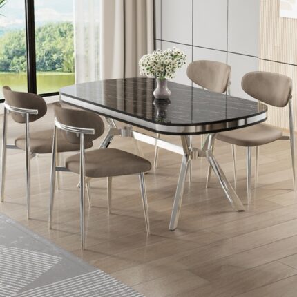 Canisa Olya Serisi 90X168 Lak Panel Sonata Takımı Krom Ayaklı 4 Sandalye