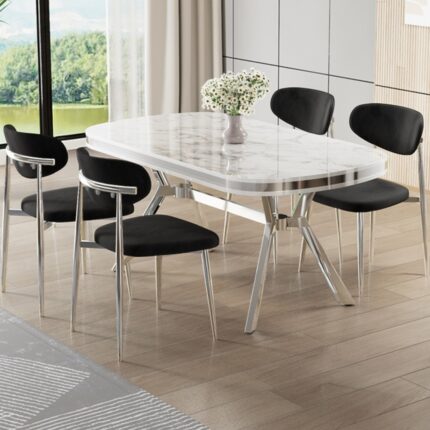 Canisa Olya Serisi 90X168 Lak Panel Beyaz Mermer Desen Masa Takımı Krom Ayaklı 4 Siyah Sandalye