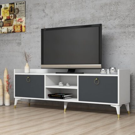 FERNISO Altın Kulplu Modern Ayaklı Tv Sehpası Beyaz-Gri