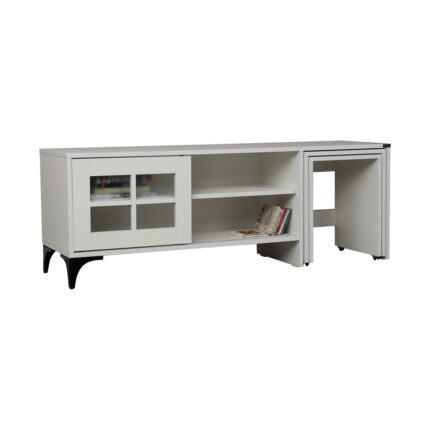 Pasific Home Revival Metal Ayaklı Sürgülü Tv Ünitesi, Zigon Sehpalı, 150 Cm, Ahşap Beyaz - Görsel 4